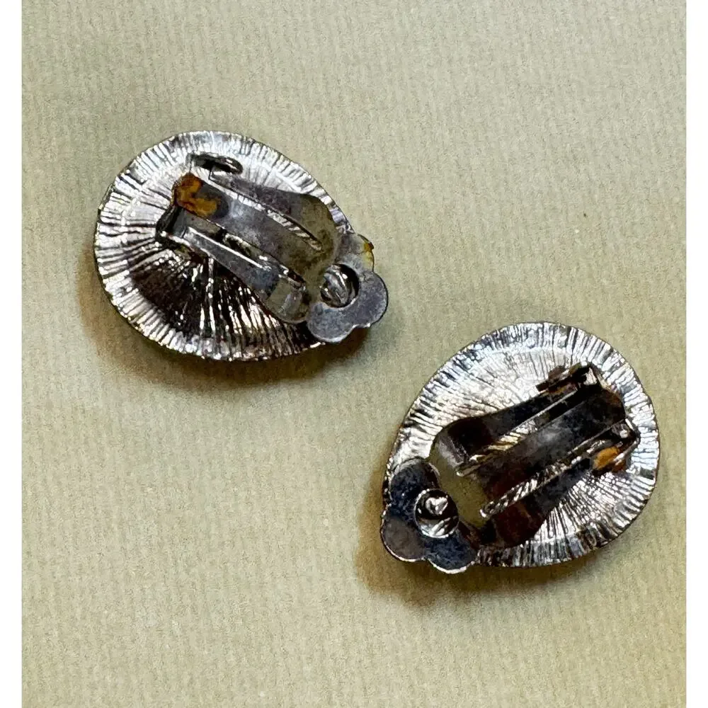 Vintage Clear Rhinestone Clip-On Earrings Silver Tone Teardrop Statement 1